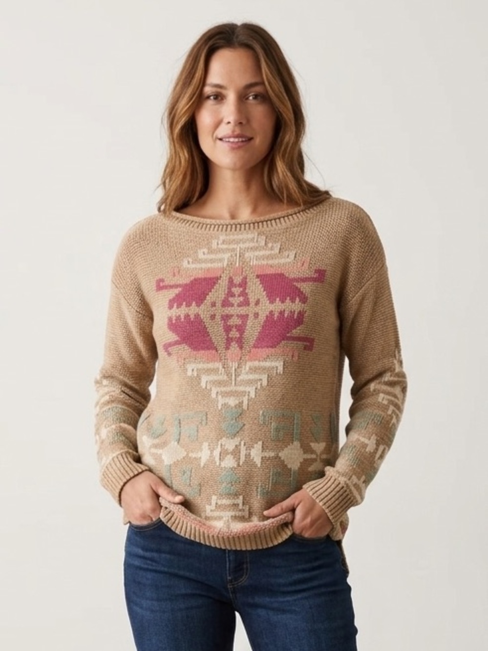 Lauren Ralph Lauren Sz S Cotton Linen Aztec Western Tan Knit Sweater